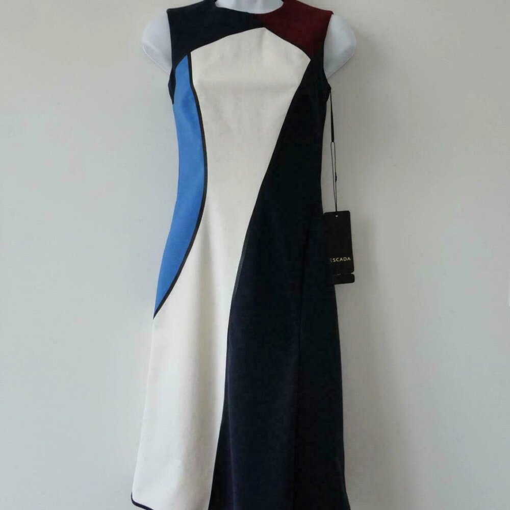 NWT ESCADA Blue Multi Virgin Wool Midnight Round Neck Sleeveless Dratta Dress 32